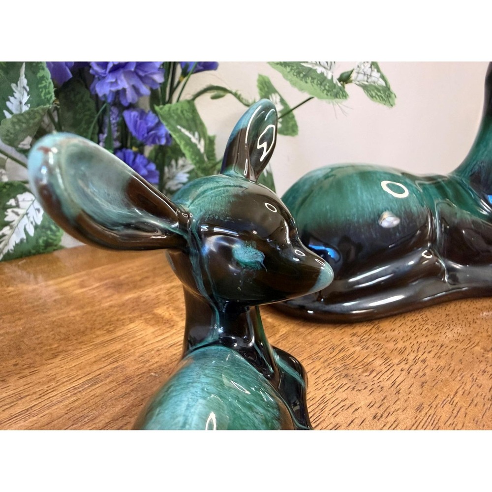 Vintage Blue Mountain Pottery Deer Mom Fawn Pair Green Drip Glaze Canada Figures - Picture 8 of 10